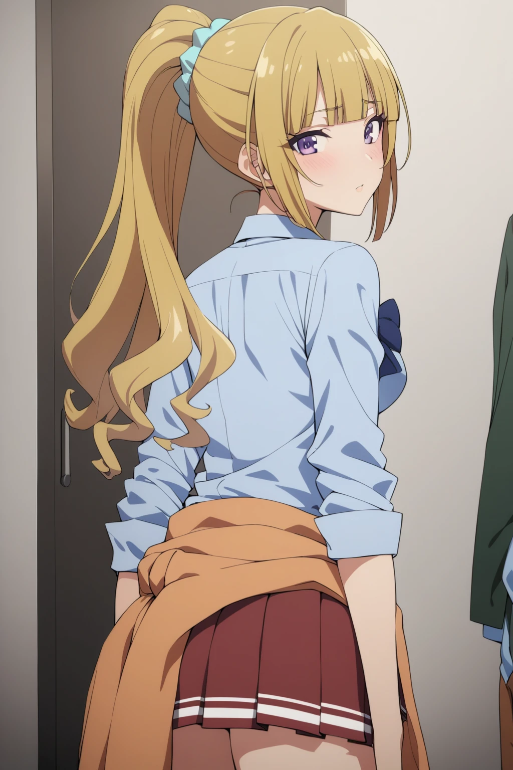 <lora:KaruizawaJitsukyo_AnimagineXLV3-000030:0.8> karuizawa, 1girl, blonde hair, ponytail, hair scrunchie, blunt bangs, purple eyes, blunt bangs, purple eyes,
blue shirt, collared shirt, bowtie, clothes around waist, pleated skirt, red skirt,
looking at viewer, looking back,
[anime screencap::0.3], masterpiece,best quality,
