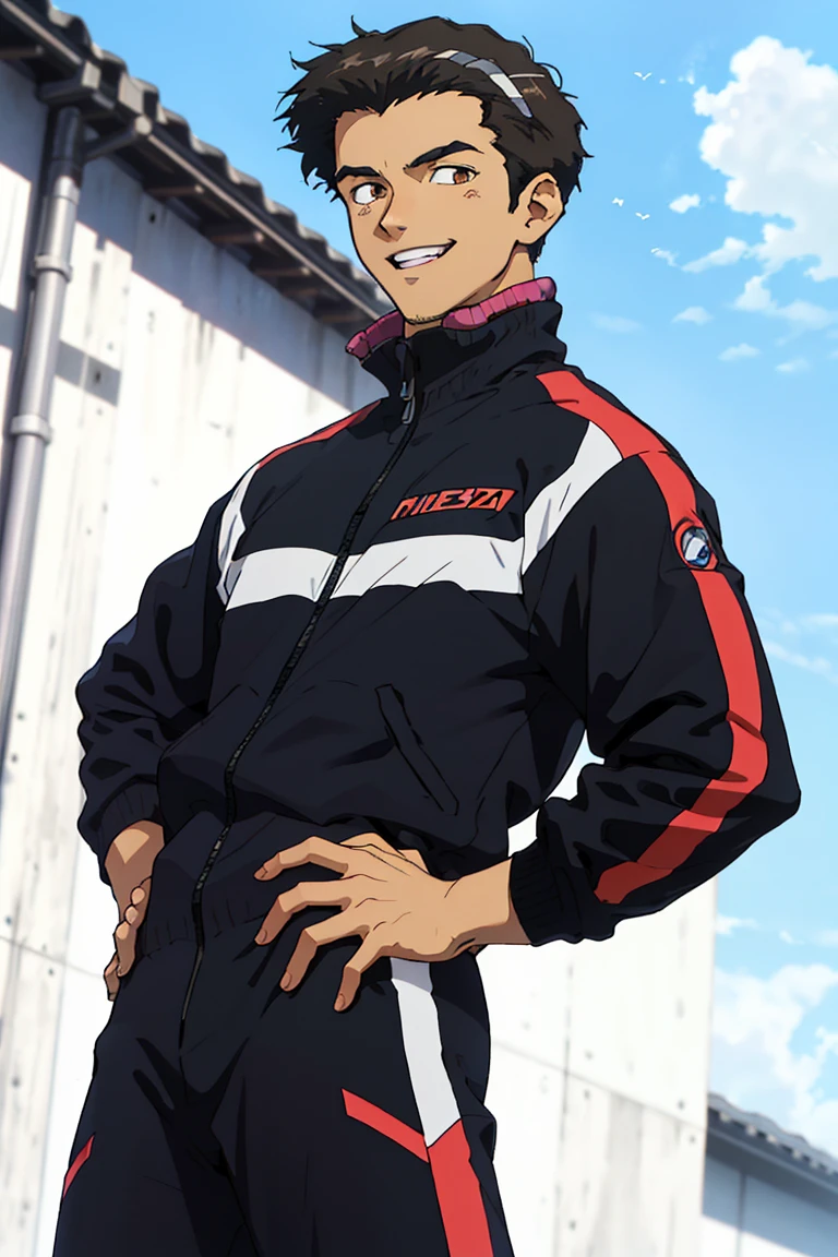 (1 image only),  solo male,  Toji Suzuhara,  Neon Genesis Evangelion,  Asian,  Japanese,  teenage,  black brown hair,  short hair,  dark brown eyes,  black track suit,  black track jacket,  black pants,  white sneakers,  handsome,  charming,  alluring,  smile,  standing,  (hand on hip),  upper body,  perfect anatomy,  perfect proportions,  (best quality,  masterpiece),  (perfect eyes,  perfect eye pupil:1.2),  perfect hands,  high_resolution,  dutch angle,  school background,<lora:EMS-296357-EMS:0.700000>