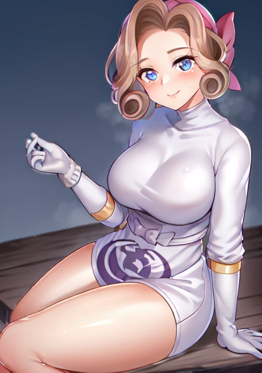 <lora:Palina:0.8>, palina, 1girl, solo, breasts, looking at viewer, blush, smile, short hair, blue eyes, large breasts, brown hair, gloves, bow, jewelry, sitting, closed mouth, hair bow, thighs, shiny, white gloves, mole, bracelet, mole under eye, curly hair