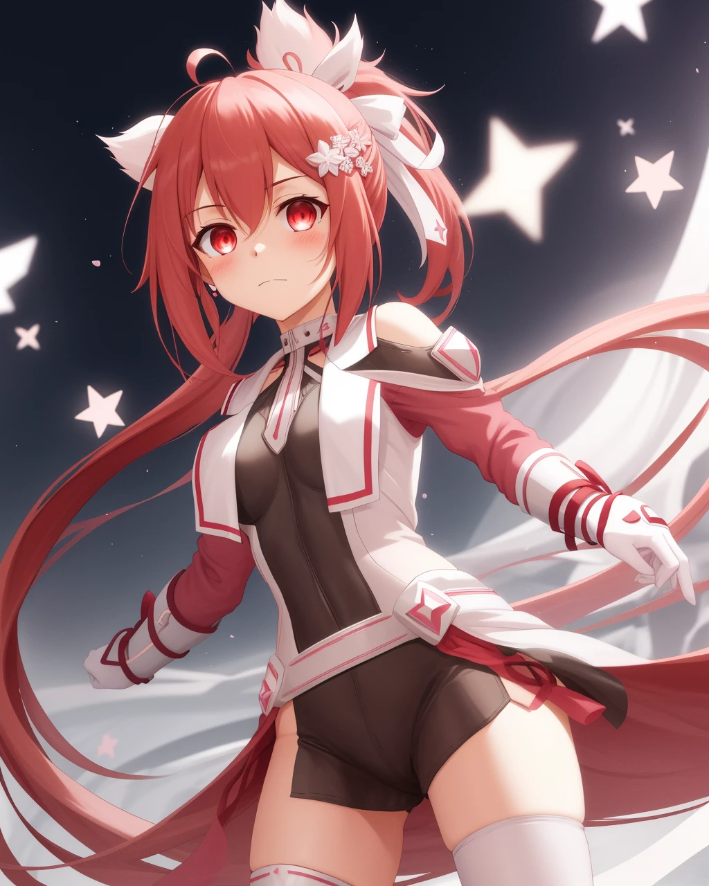 <lora:Takashima_Yuna-10:0.8>,1girl, solo, looking at viewer, hair ornament, red eyes, thighhighs, ribbon, very long hair, hair ribbon, red hair, hair flower, side ponytail, magical girl,