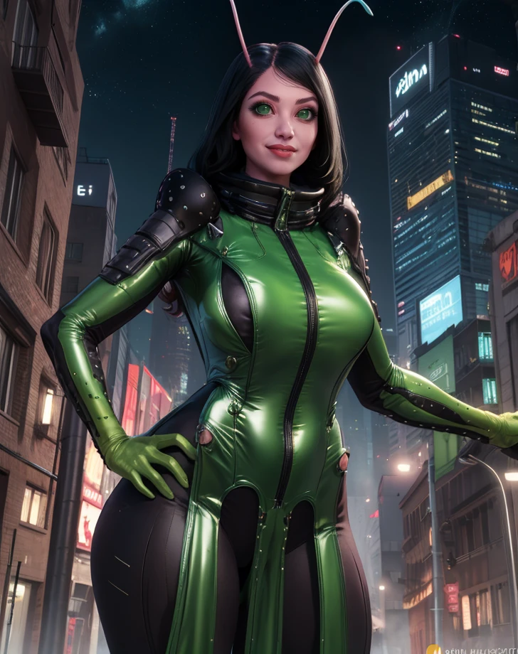 mantisg,black hair,green eyes,antennae,
looking at viewer,
black and green bodysuit,standing,smile,pelvic curtain,green gloves,
city,science fiction,night,from behind,
(insanely detailed, masterpiece, best quality),
<lora:mantis:0.8>,