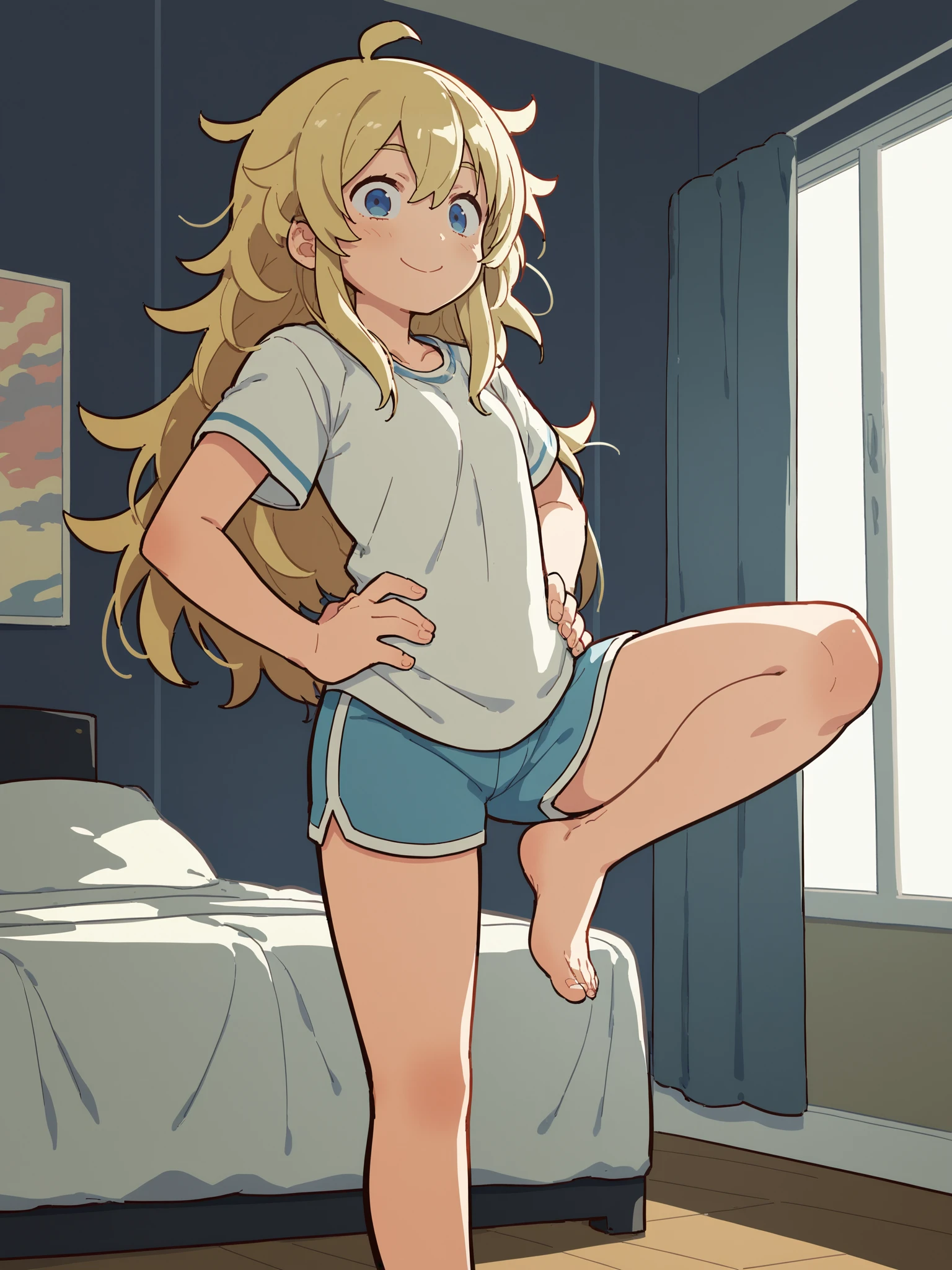 score_9,source_anime,1girl,solo,bedroom,upper body,standing,feet,light blush,hands on hip,blonde hair,blue eyes,messy hair,smile,leg up,<lora:Himukai_Yuuji_XL:0.8>,