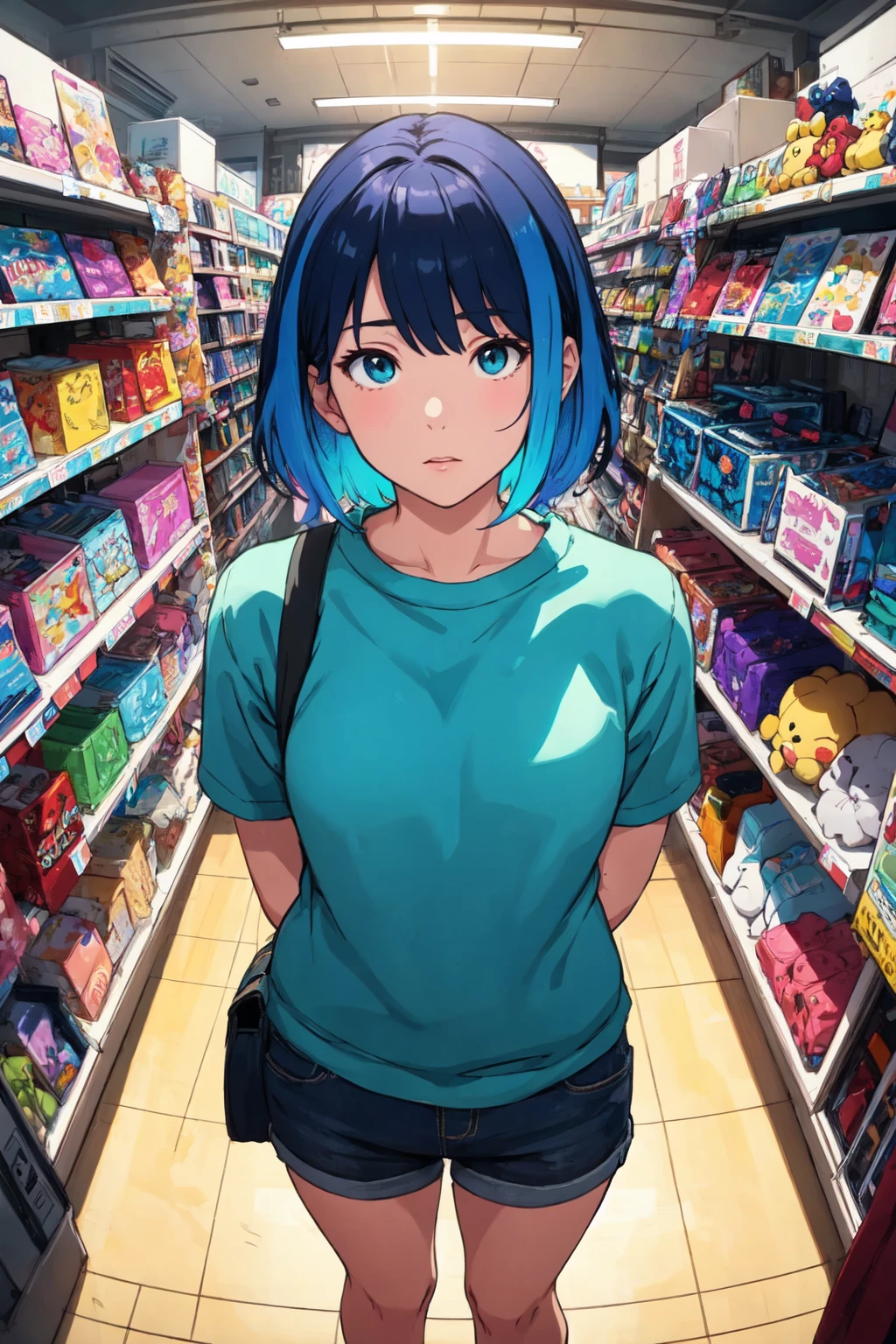 soft and warm color, movie still,bright, vivid,dreamy, evocative use of light and shadow, incredible beauty, anime style, vibrant, studio anime, beautiful, textural, ray tracing, absurdres, offical art, illustration, (((masterpiece))),(((best quality))),((ultra-detailed)), miyazaki style, (colorful:1.4), from above, solo, 1girl standing in a store with lots of stuffed animals on the shelves and a bag of stuff, depth of field, fisheye lens, arms behind back