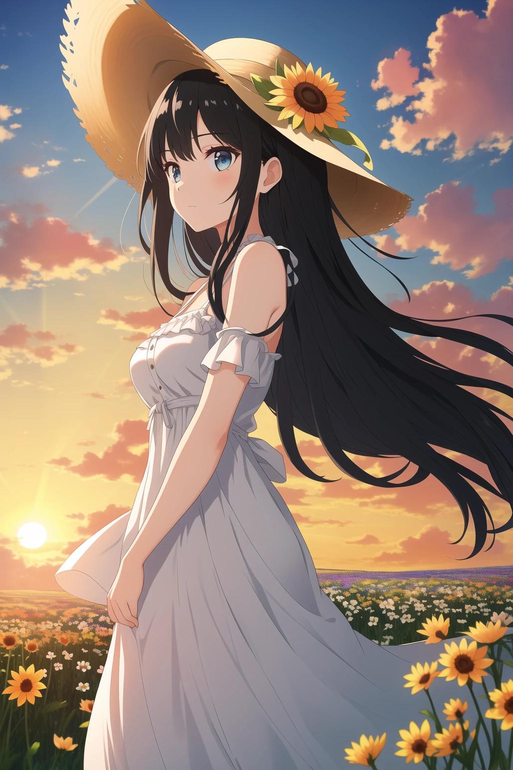 masterpiece, best quality, 1girl, long hair, black hair, very long hair, hime cut, medium breasts, sun hat, sundress, outdoors, flower field, sunrise, standing, expressionless