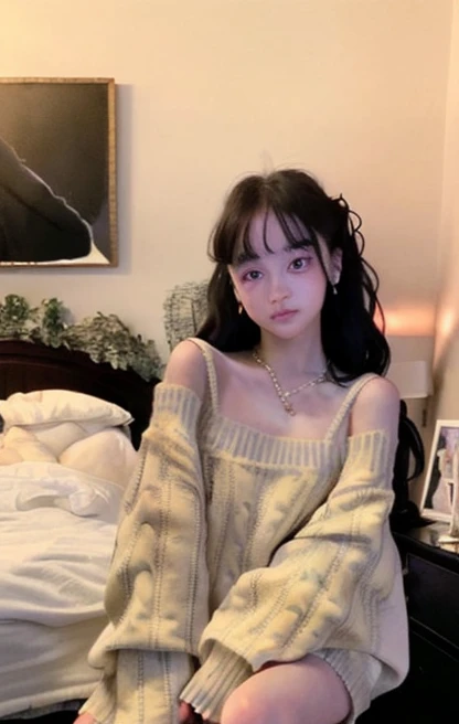 <lora:fashion_mix-10:1>, 1girl, offshoulder sweater, nonmirror, bedroom, sitting