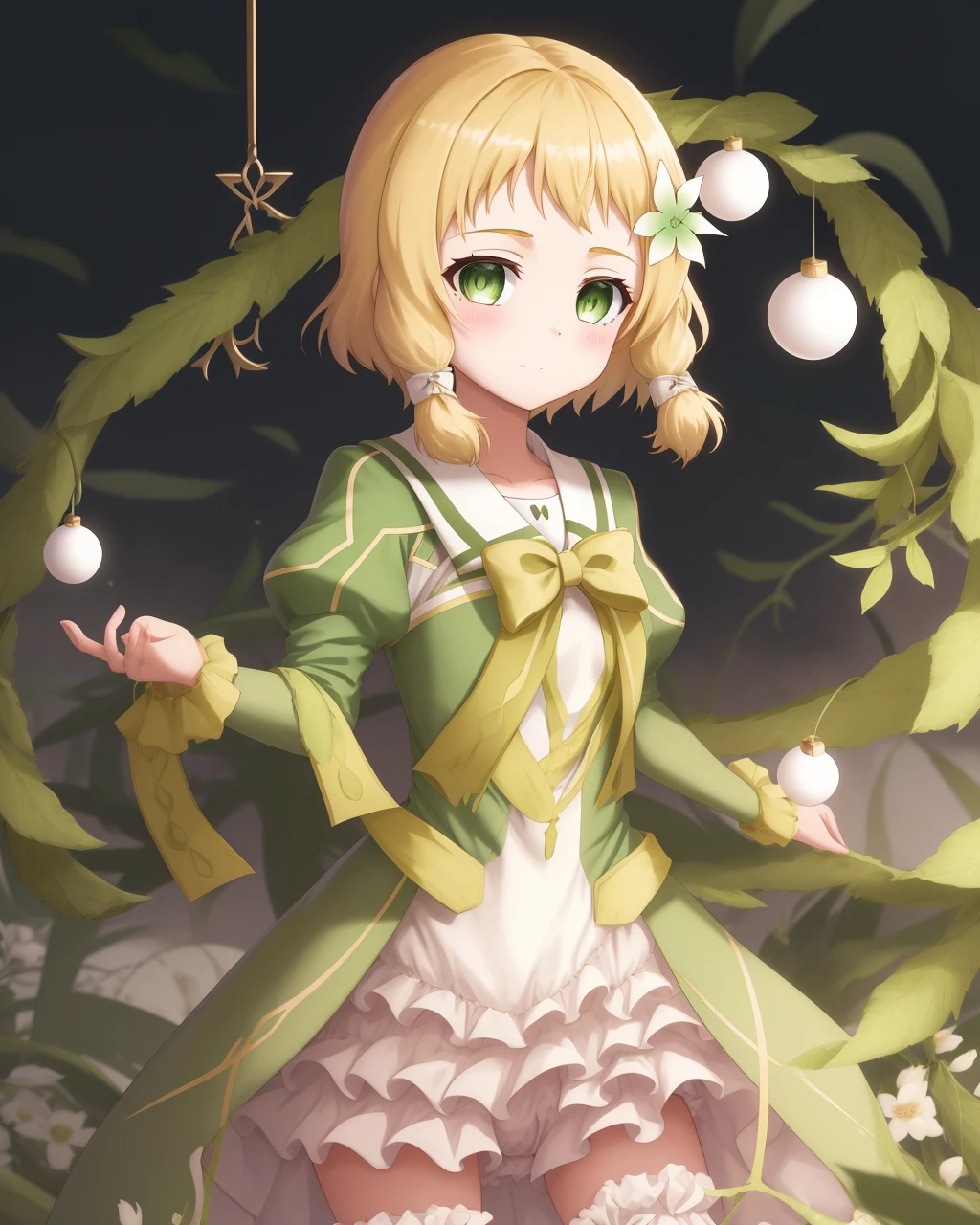 <lora:Inubozaki_Itsuki-10:0.8>,1girl, solo,short hair, green eyes, hair flower, blonde hair,bow, ornament,dress, green dress, bloomers,