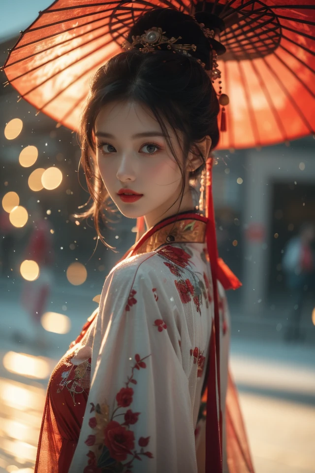 Warm Snow,1girl,solo,umbrella,oil-paper umbrella,blurry,looking at viewer,hair ornament,red lips,upper body,black hair,chinese clothes,depth of field,lips,blurry background,realistic,bokeh,makeup,lipstick,
best quality,masterpiece,illustration,an extremely delicate and beautiful,CG,unity,8k wallpaper,Amazing,finely detail,masterpiece,official art,extremely detailed CG unity 8k wallpaper,incredibly absurdres,huge filesze,ultra-detailed,highres,extremely detailed,beautiful detailed girl,realistic,<lora:Warm Snow:0.8>,