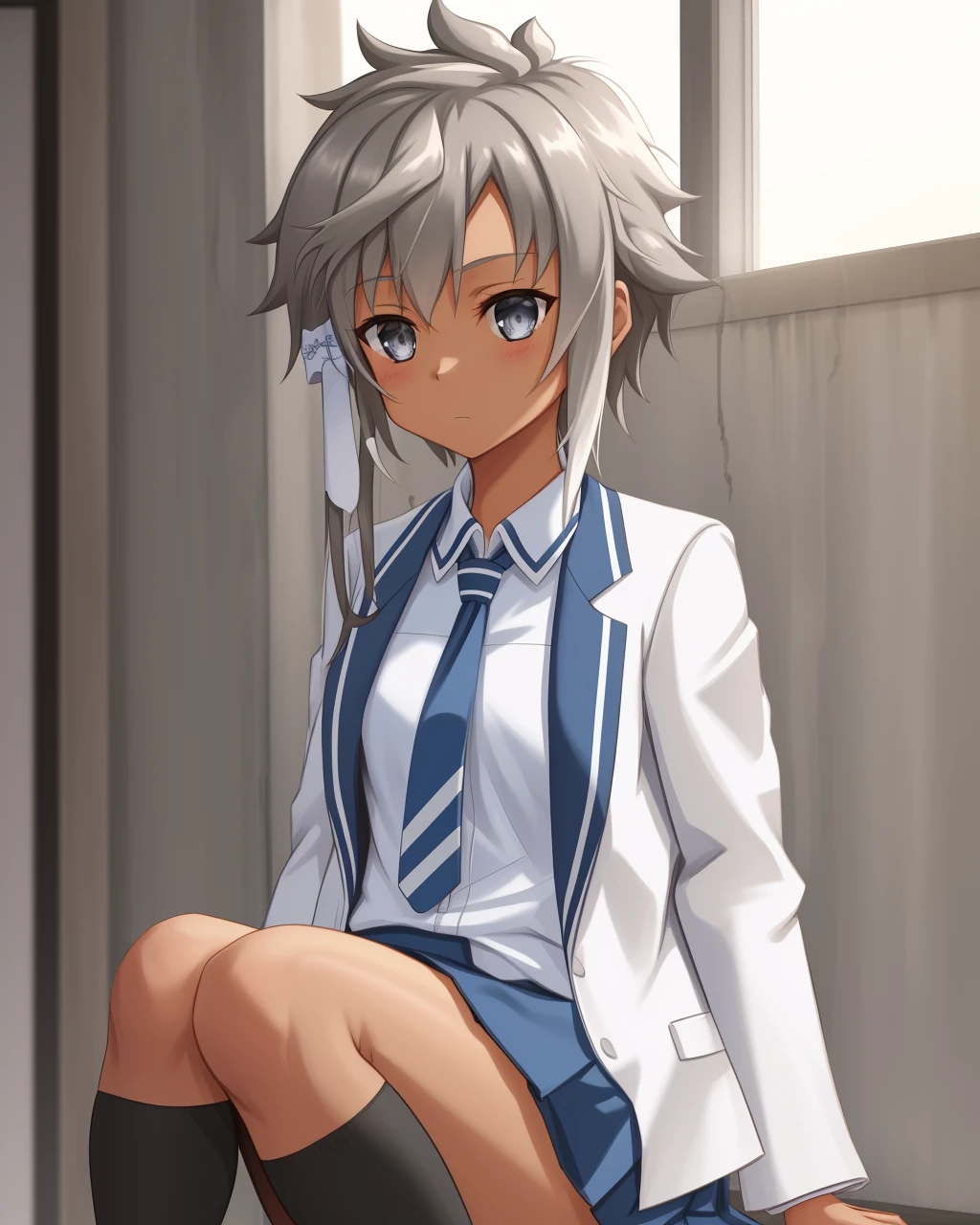 <lora:Kohagura_Natsume-10:0.8>,1girl, solo,short hair, grey eyes,brown hair,short hair with long locks,sidelocks,light dark skin,white hair ribbon,school uniform, white shirt, open jacket, blue skirt, kneehighs, white jacket, blue necktie,