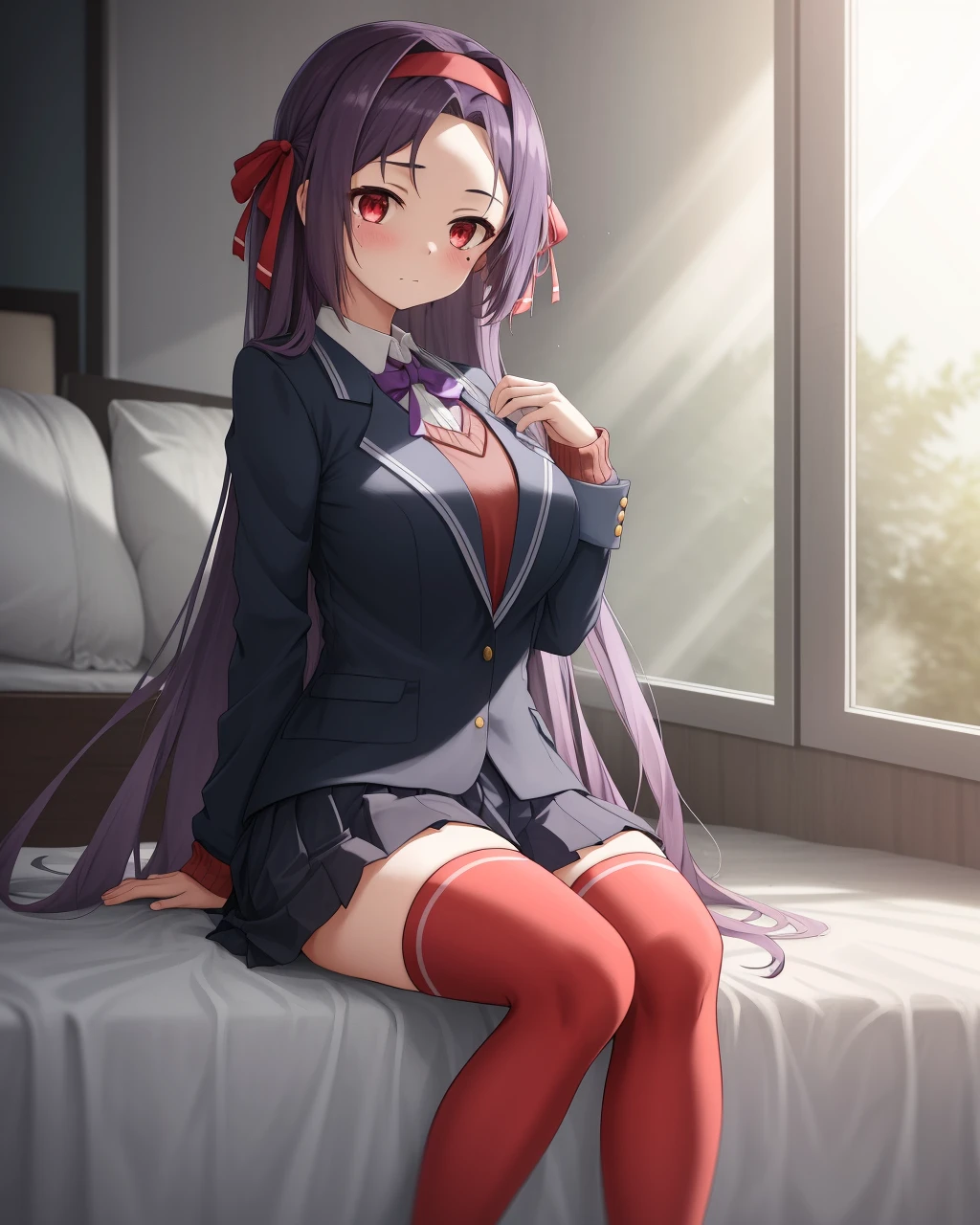 <lora:Uesato_Hinata-10:0.7>,1girl,solo,very long hair,red eyes,purple hair,hair band,hair ribbon,school uniform,jacket,red thighhighs,