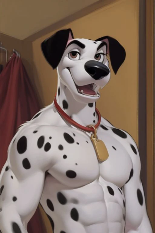 (by Meesh:1), (by darkgem:0.8), (by chunie:1), masterpiece, looking at viewer,  detailed fur, (detailed pixar eyes:1.2), detailed eyes, male, anthro, <slora:add_detail:0.4> ((Pongo)), ((Dalmatian)), ((anthropomorphic)), ((Muscular)),