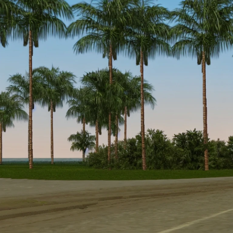 a sunset with beach and sea, plam trees, <lora:ViceCity-1avi:0.7>, vicecitylplw, lowpoly