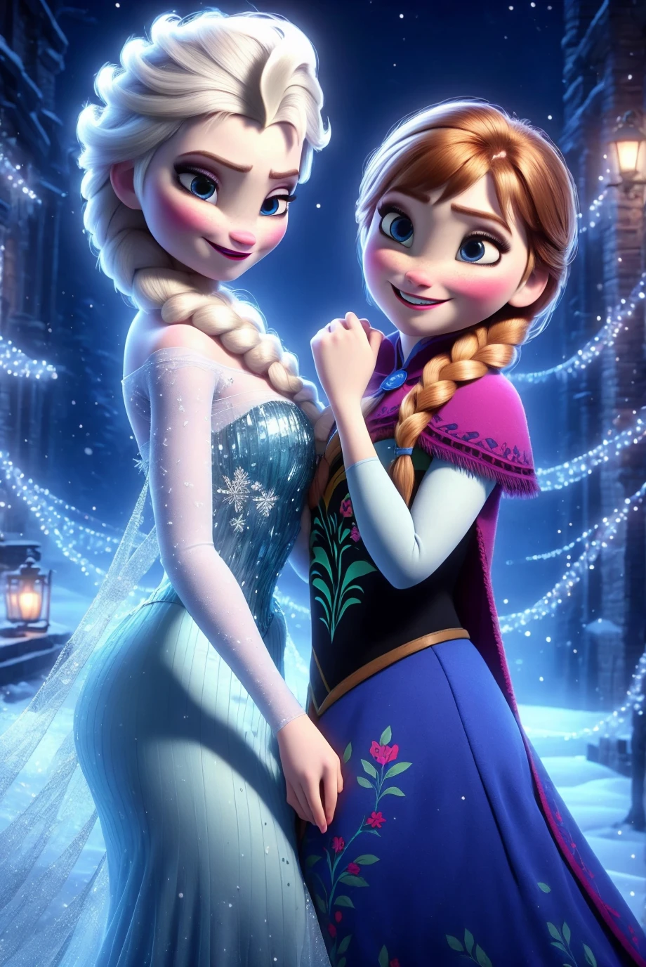 Elsa and Anna ((2girls)) wearing ((bikinis)) having fun, background a frozen sea with icebergs ((masterpiece)) ((best quality)) ((highly detailed))