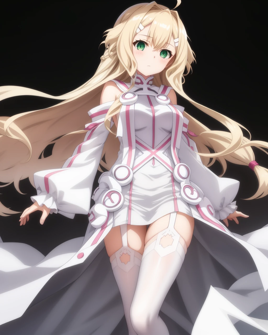 <lora:Iyojima_Anzu-10:0.8>,1girl,solo,long hair,blonde hair,green eyes,ahoge,white hairpin,hair intakes,dress,detached sleeves, white dress, white thighhighs, garter straps,