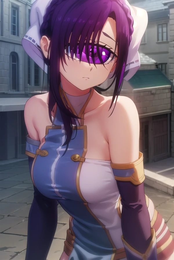 memeredon, <lora:meme redon s1-lora-nochekaiser:1>,
meme redon, purple hair, (purple eyes:1.1), monster girl, (one-eyed:1.5), cyclops,
BREAK gloves, boots, head scarf, chinese clothes, bare shoulders, collarbone,
BREAK outdoors,
BREAK looking at viewer, (cowboy shot:1.5)
BREAK <lyco:GoodHands-beta2:1>, (masterpiece:1.2), best quality, high resolution, unity 8k wallpaper, (illustration:0.8), (beautiful detailed eyes:1.6), extremely detailed face, perfect lighting, extremely detailed CG, (perfect hands, perfect anatomy),