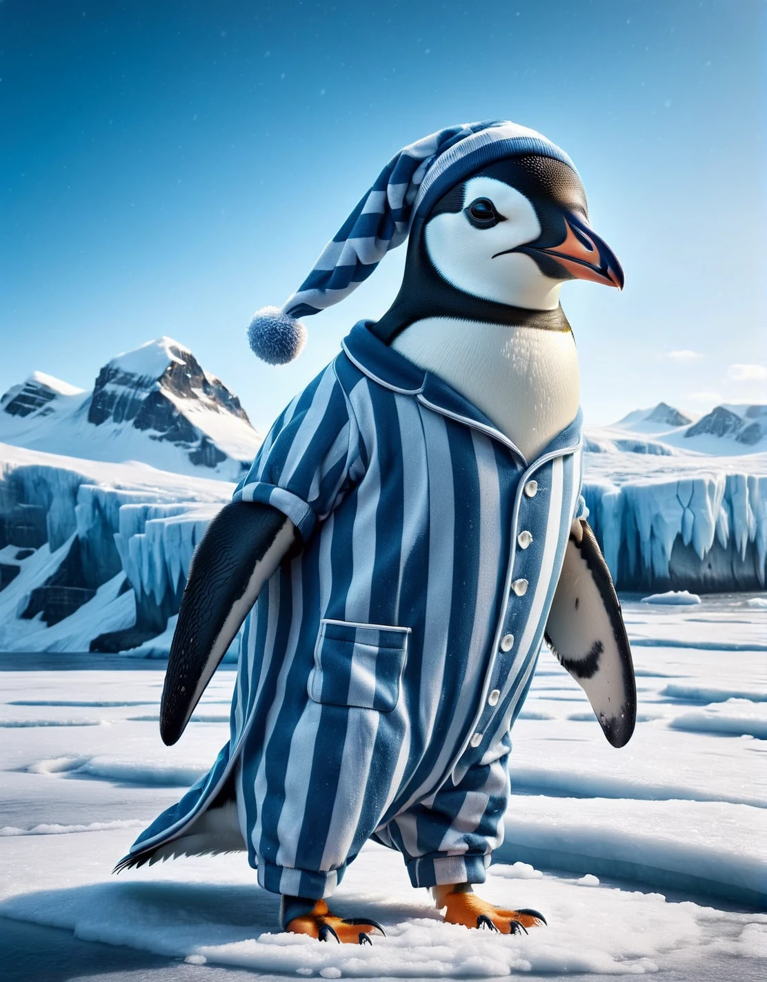 A ais-pyjms penguin, standing on the frozen tundra <lora:ais-pyjms-sdxl:1>, masterpiece, uhd, 4k