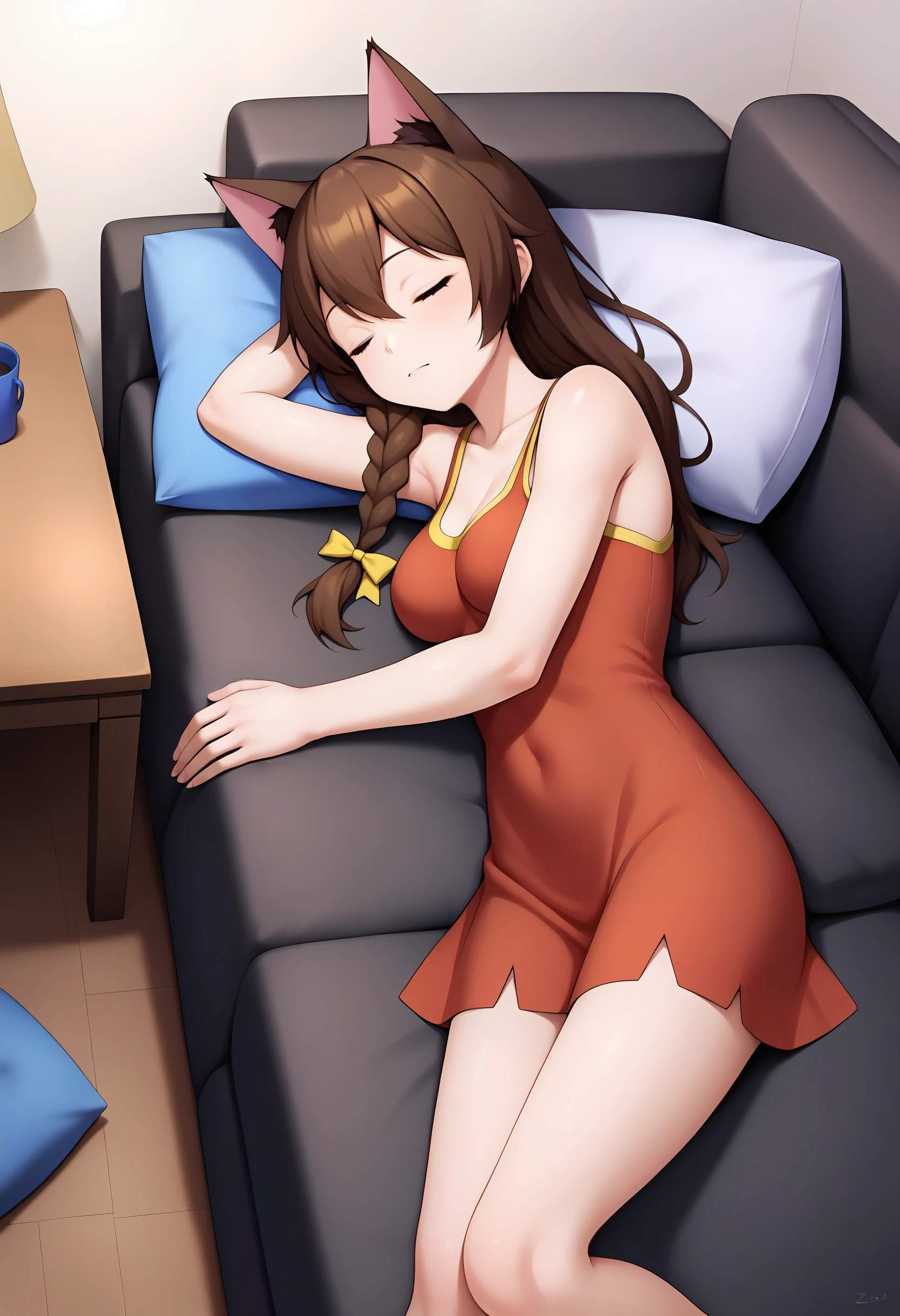 score_9, UVAO, 1girl, solo, looking at viewer, cat_ears, hair_between_eyes, bow, single braid, long_hair, yellow_eyes, red dress, bedroom, couch, medium breasts, zzz, lying, on_side, sleeping, pillow <lora:UVAO-XL-pony:0.8>