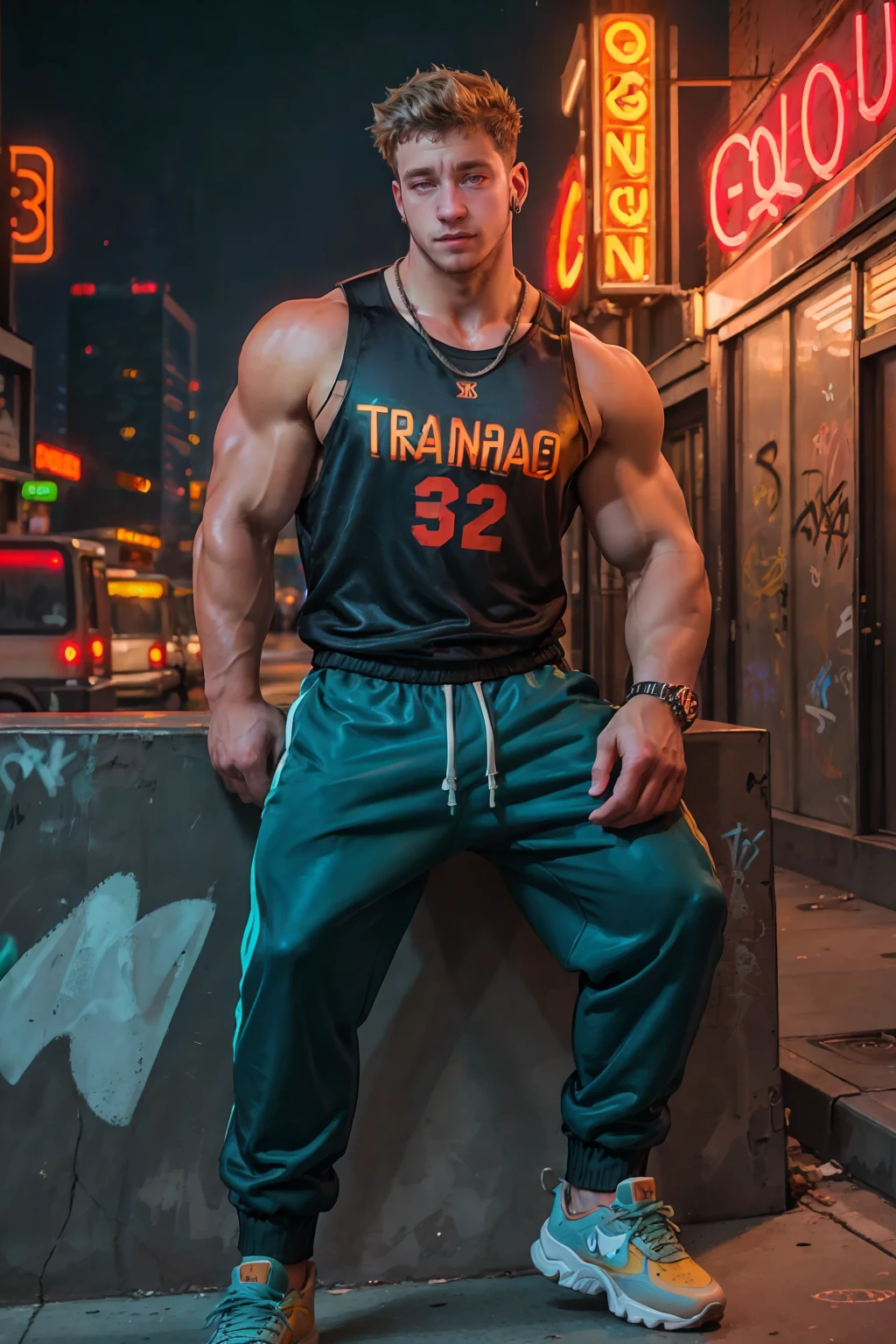 digital illustration, 3d, best quality, masterpiece, <lora:cf_lucas-07 (1):0.8> photo of cflucas, cflucashunk, facial hair, sitting, looking at viewer, confident expression, athletic jersey, strong stance, dressed in well-fitted streetwear fashion, sleeveless, tracksuit, posing, dynamic urban setting, gritty realism, bustling city street, graffiti, neon lights, jewelry