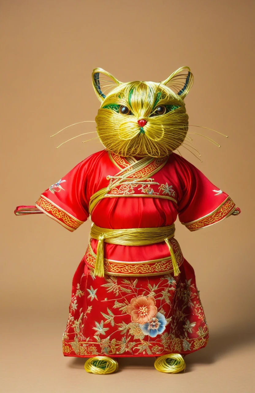 wire art, Fat cat in Chinese national costume,xianxia style,traditional silk dress,action-packed background,<lora:éä¸èºæ¯:0.7>