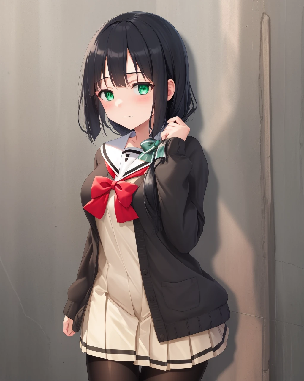<lora:Tougou_mimori-10:0.8>,1girl, solo, long hair, black hair,green eyes,hair over shoulder, school uniform, black pantyhose, cardigan,dress, serafuku,