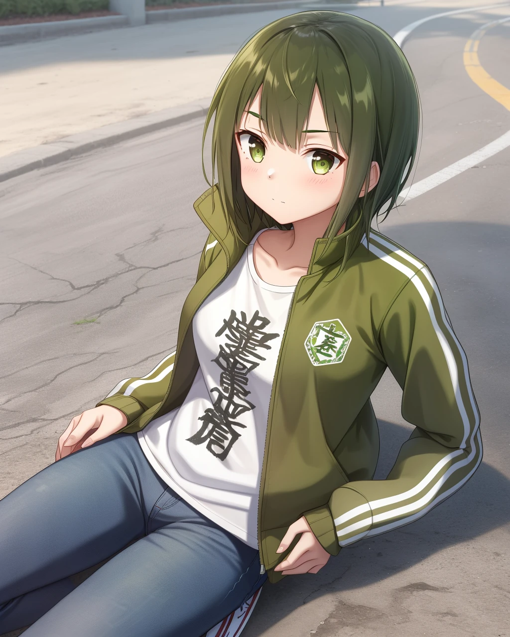 <lora:Shiratori_Utano-10:0.8>,1girl, solo,short hair, green eyes, green hair, denim, clothes writing, jeans,white shirt,open clothes,green clothes,green track jacket,