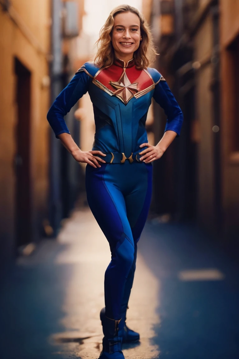 1girl, solo, portrait, grin, marv3l, hands_on_waist, narrow_alleyway, blurry_background, bokeh, chromatic_aberration, depth_of_field, female focus, photorealistic, soft colors, masterpiece, high quality, (high detailed skin:1.1)
 <lora:brie_larson_lora_v02:1> brie89