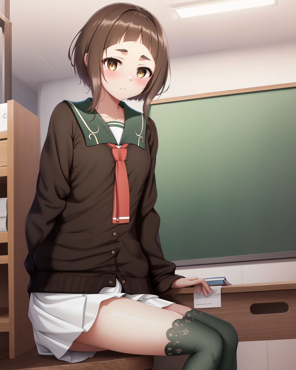 <lora:Kagajou_Suzume-10:0.8>,1girl, solo, brown hair, brown eyes, short hair, school uniform,skirt,necktie, green thighhighs, cardigan,