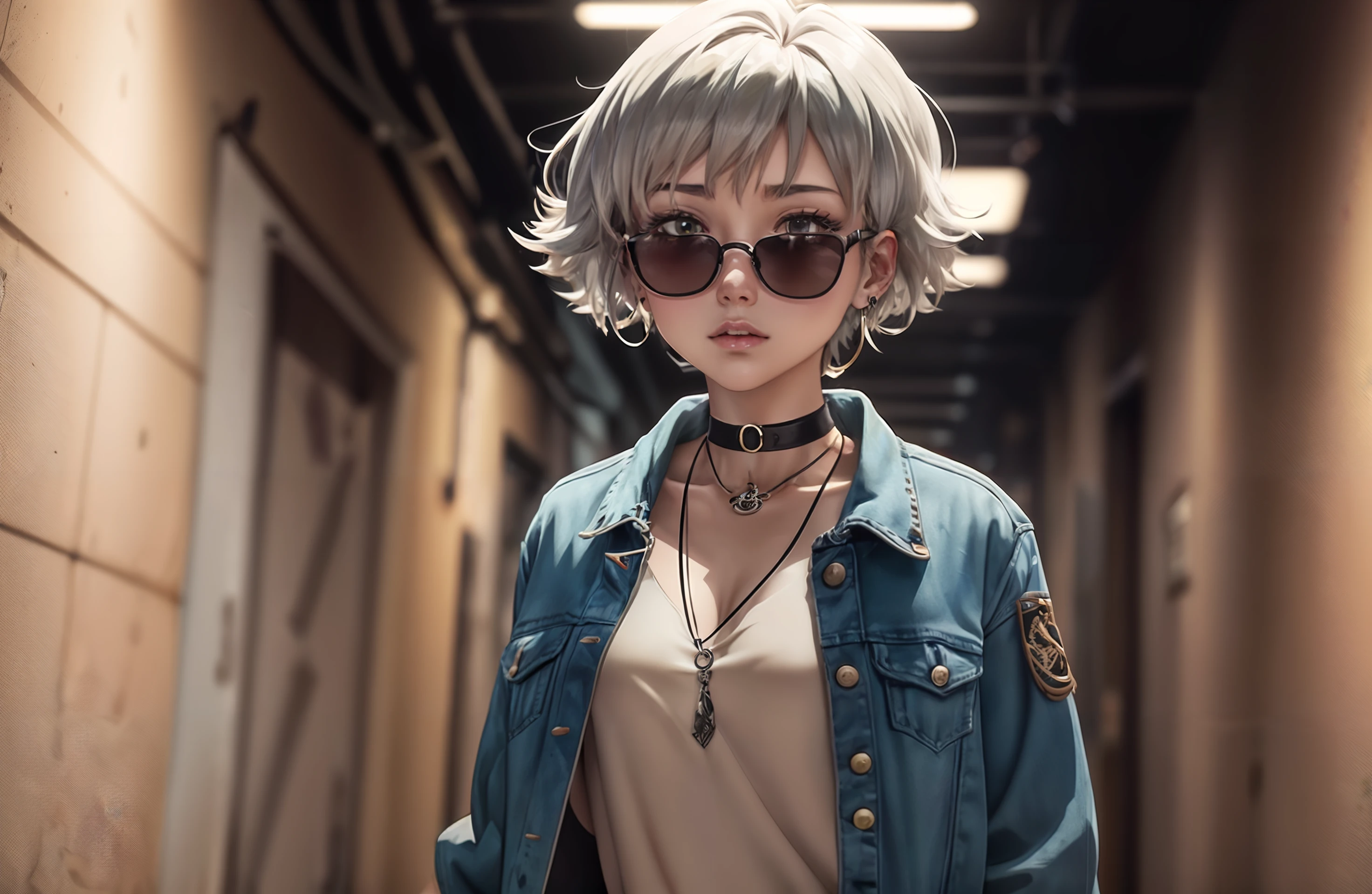 (masterpiece:1.2, best quality), (1lady, solo, upper body:1.2), Hair: buzz cut, Clothing: oversized, distressed denim jacket with patches and pins, paired with black skinny jeans and combat boots, Accessories: silver hoop earrings and a black choker necklace, Hanging out in an underground music venue or street art exhibit, dynamic angle, (anime:1.4), <lora:add_detail:0.3>