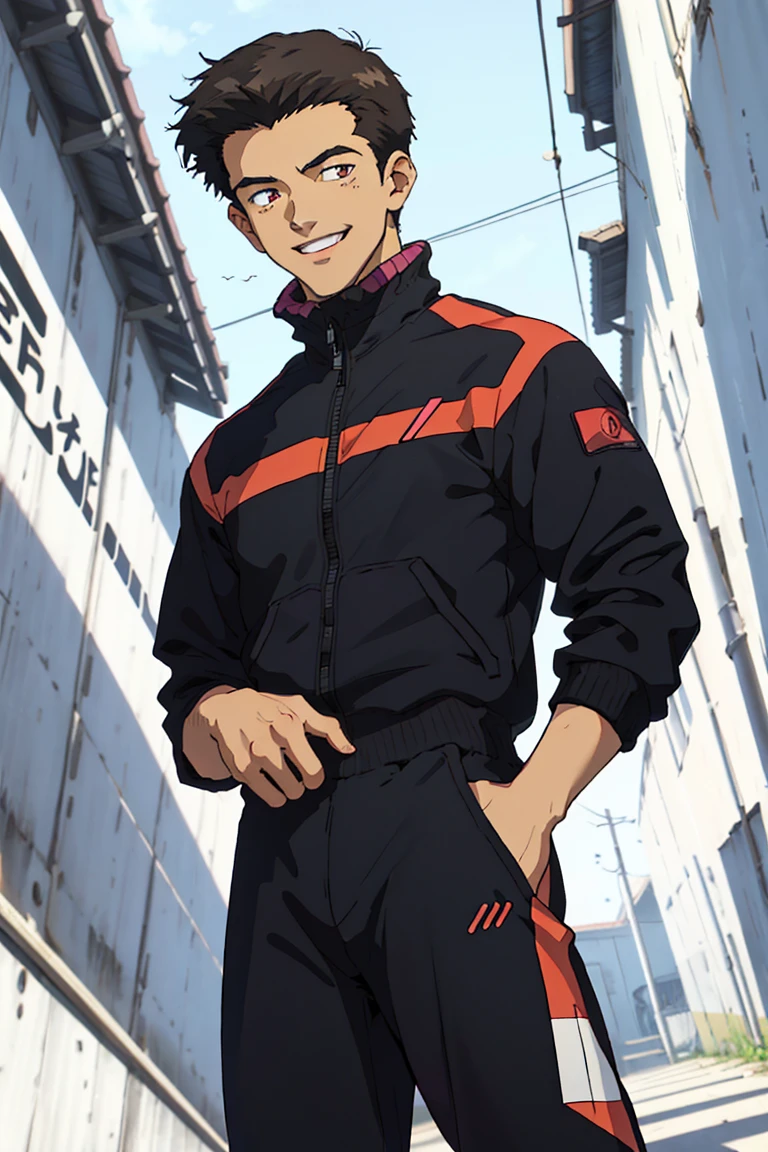 (1 image only),  solo male,  Toji Suzuhara,  Neon Genesis Evangelion,  Asian,  Japanese,  teenage,  black brown hair,  short hair,  dark brown eyes,  black track suit,  black track jacket,  black pants,  white sneakers,  handsome,  charming,  alluring,  smile,  standing,  upper body,  perfect anatomy,  perfect proportions,  (best quality,  masterpiece),  (perfect eyes,  perfect eye pupil:1.2),  perfect hands,  high_resolution,  dutch angle,  school background,<lora:EMS-296357-EMS:0.700000>