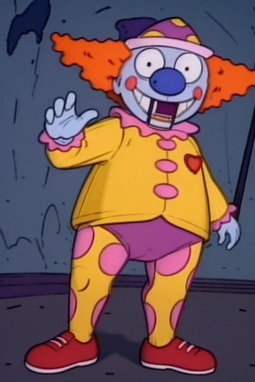 <lora:Mr Friend - Rugrats - 1993:0.8> mr_friend, clown_doll, orange hair, grin, blue_skin, yellow_and purple_clown_suit, clown_hat, blue nose, rosey_cheeks, heart_boutonnière, red shoes, <lora:LCM_SD15:1.0>