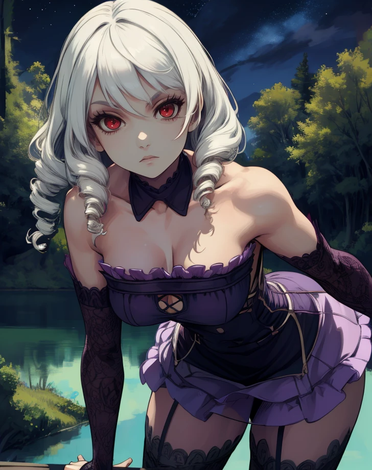 viola,red eyes,white hair,twin drills,
rose,detached sleeves,dress,miniskirt,
looking at viewer,expressionless,
forest,night,lake,stars,leaning forward,
(insanely detailed, beautiful detailed face, masterpiece, best quality),solo,<lora:viola-11SCVv9:0.8>,