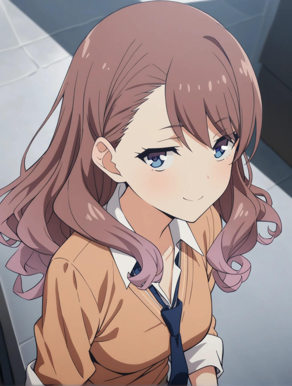 <lora:SatoMaya_AnimagineXLV3:1> satomaya, 1girl, blue eyes, brown hair, bangs, school uniform, shirt, sweater,sleeves rolled up , necktie, 
jitome, close up, smile, looking at viewer, from above
[anime screencap::0.3], masterpiece,best quality,