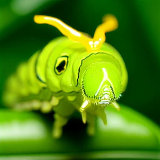 Gere uma imagem de uma lagarta em estado larval pequena, feminina, em um jardim, with vibrant colors and a background that looks like a fairy tale. Make sure the caterpillar is friendly and attractive to children 2-6 years old.