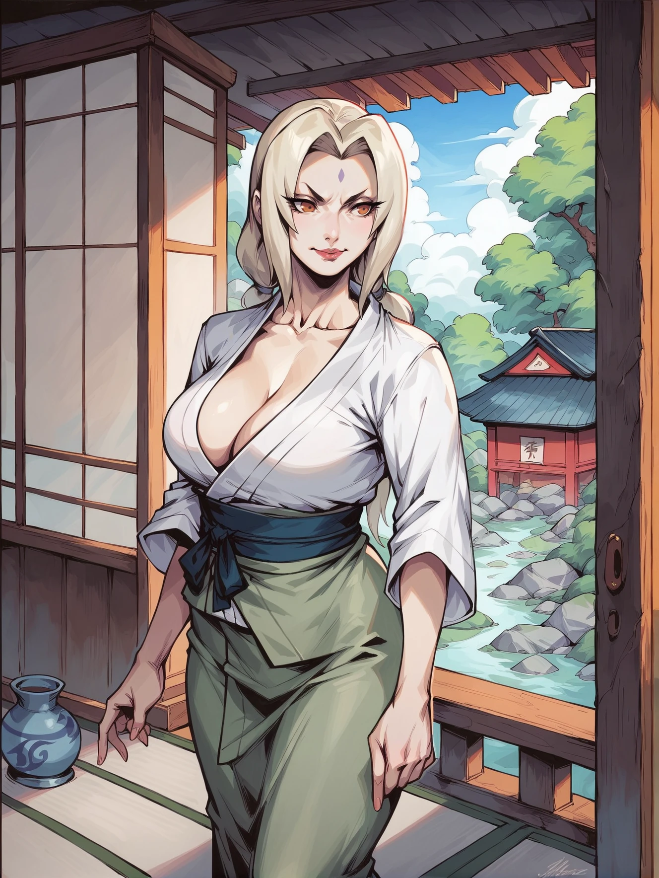 score_9, score_8_up, score_8, tsunade from naruto standing in old japanese house, mature female, collarbone, <lora:ArtgermCopicXL:1>