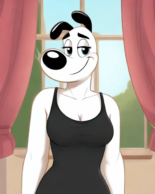 female, solo, (dudleypuppy, white fur), smile, black tank top, (flat colors:0.4), in window, curtains, detailed,
<lora:dudleypuppy:0.8>