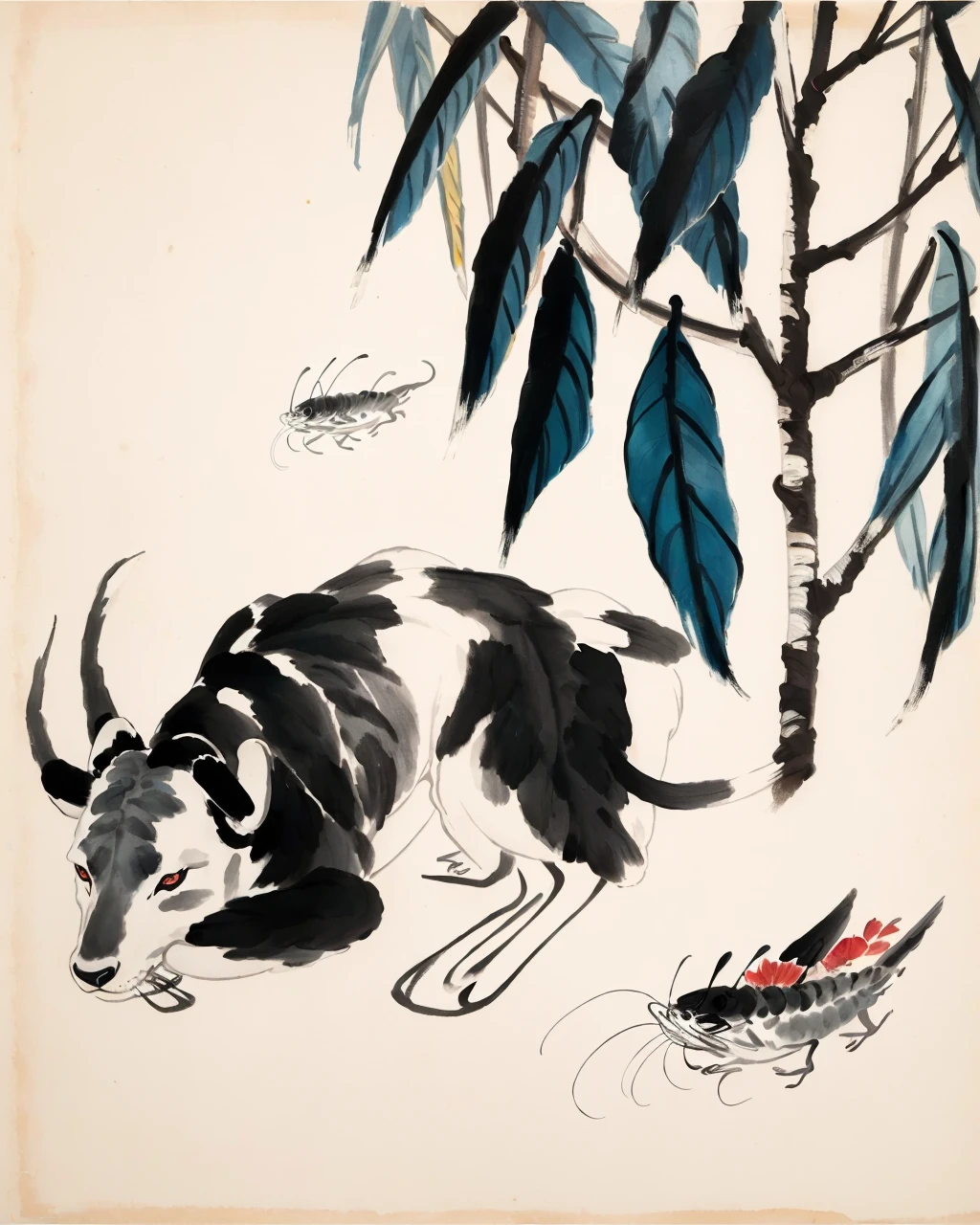 best quality,masterpiece,highly detailed,ultra-detailed,  
<lora:neg4all_bdsqlsz_V3.5:-1>,
 <lora:Qi Baishi:1>qi baishi, no humans, simple background, animal focus, animal, leaf, plant, painting \(medium\), scenery, still life