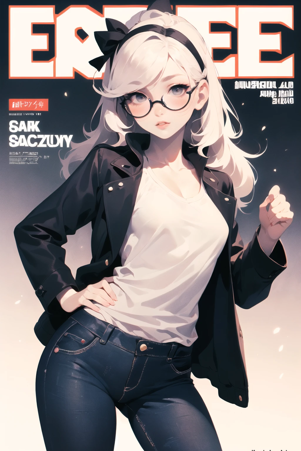 shoujo female,   messy  hair, white colored big hair ribbon,       round eyewear,    (freakles),    lovely medium small breasts,   black jeans, shirt, jacket,  (magazine, magazine cover background, simple background:1.1), night, night time, dark outside, dark,