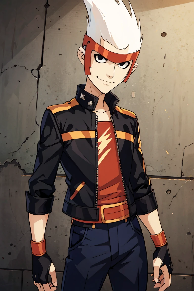 ((masterpiece,best quality)), absurdres, <lora:Lightning:0.8>, Lightning, 1boy, solo, male focus, pale skin, black eyes, spiked hair, white hair, electricity, solo, smiling, looking at viewer, cowboy shot, leather jacket, leather pants, black jacket, fingerless gloves, biker clothes, spikes, multiple belts, shiny clothes, high collar, (graffiti:1.2), brick wall,