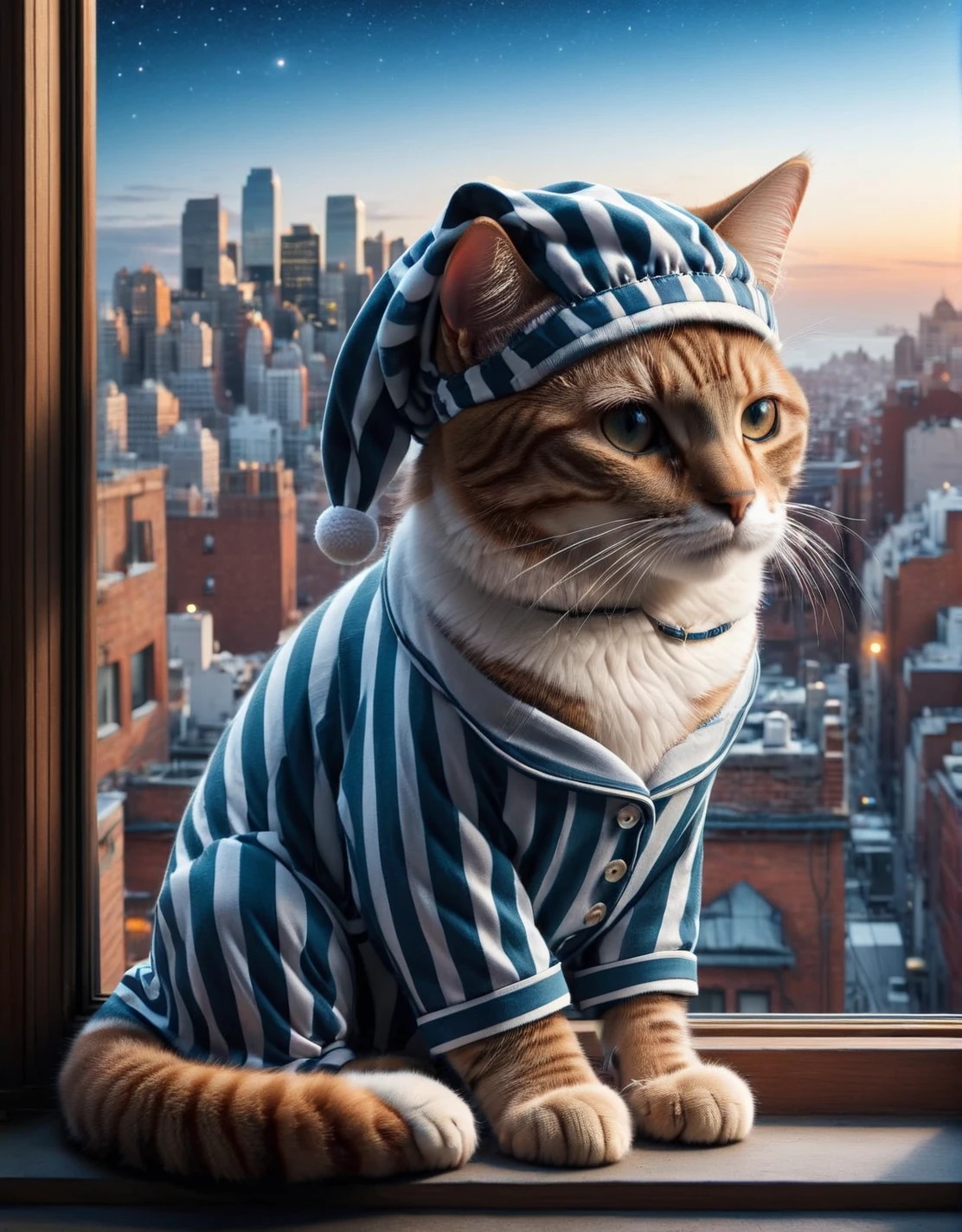 A ais-pyjms cat, gazing out of a bedroom window at the cityscape below <lora:ais-pyjms-sdxl:1>, masterpiece, uhd, 4k