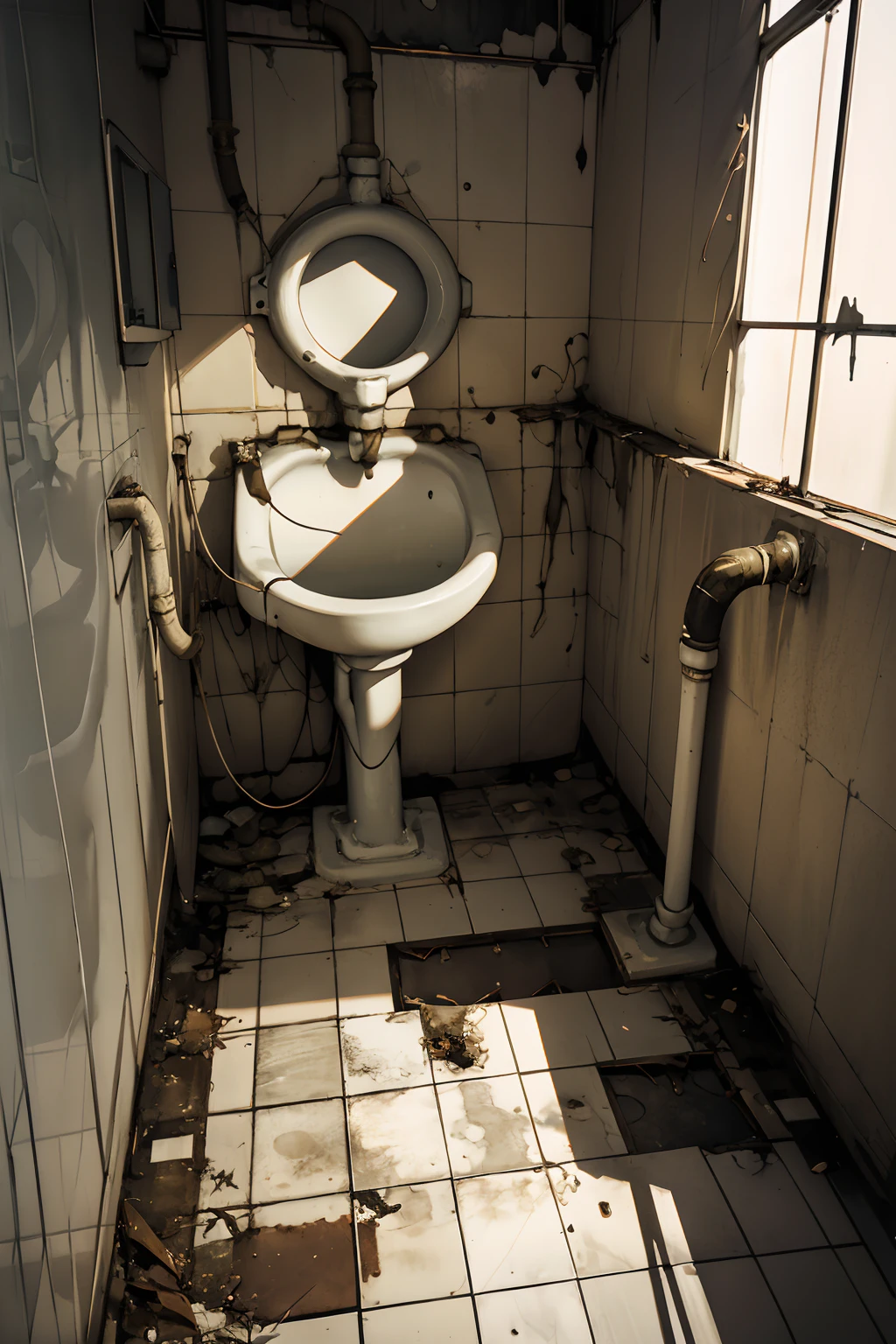 <lora:0250 dirty urinal_v2:1>,ruanyi0250,indoors,tile floor,tile wall,horror \(theme\),no humans,urinal,industrial pipe,shadow,(red-panic-button-positive:1.1),, best quality,masterpiece,highres,official art,extremely detailed cg unity 8k wallpaper