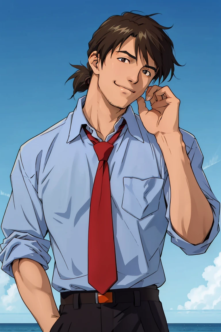 (1 image only),  solo male,  Ryoji Kaji,  Neon Genesis Evangelion,  Asian,  Japanese,  dark brown hair,  bangs,  short ponytail,  dark brown eyes,  (thin stubble),  blue collared shirt,  red sleeves rolled up,  necktie,  black pants,  smile,  (mature,  masculine),  handsome,  charming,  alluring,  upper body,  perfect anatomy,  perfect proportions,  (best quality,  masterpiece),  ((perfect eyes,  perfect eye pupil)),  perfect hands,  high_resolution,  dutch angle,  standing,  (clap hands) (simple blue ocean background,  simple blue sky,  sunny),<lora:EMS-296078-EMS:0.600000>