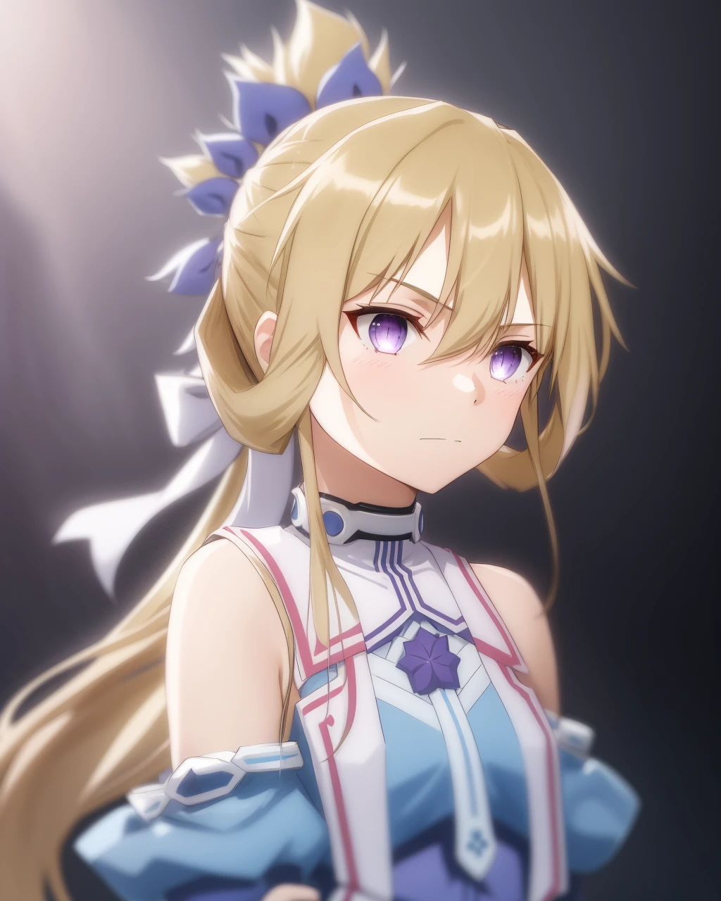 <lora:Nogi_Wakaba-10:0.8>,1girl, solo, blonde hair,very long hair,purple eyes, ponytail,hair between eyes, ribbon, bare shoulders, blue dress, blue sleeves,Magic Girl,