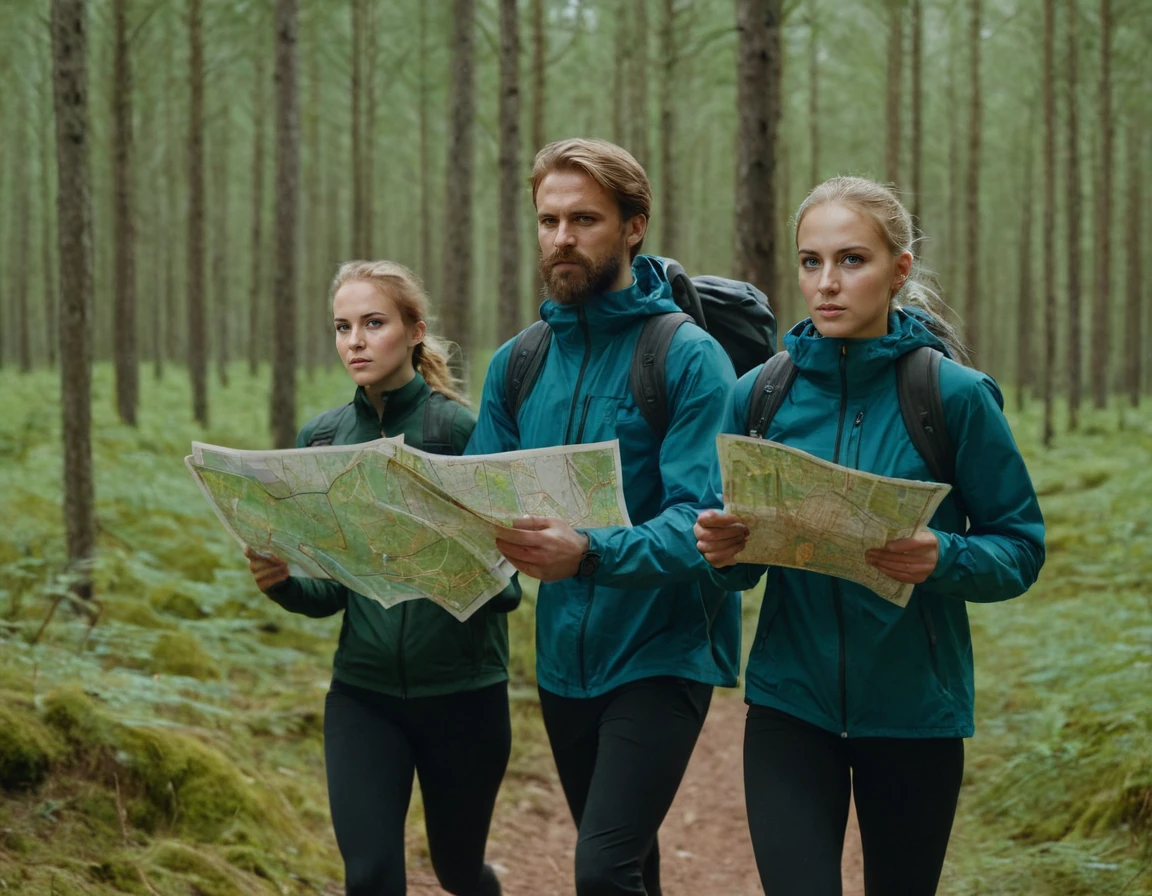 men and woman holding orienteering maps and running in the forest