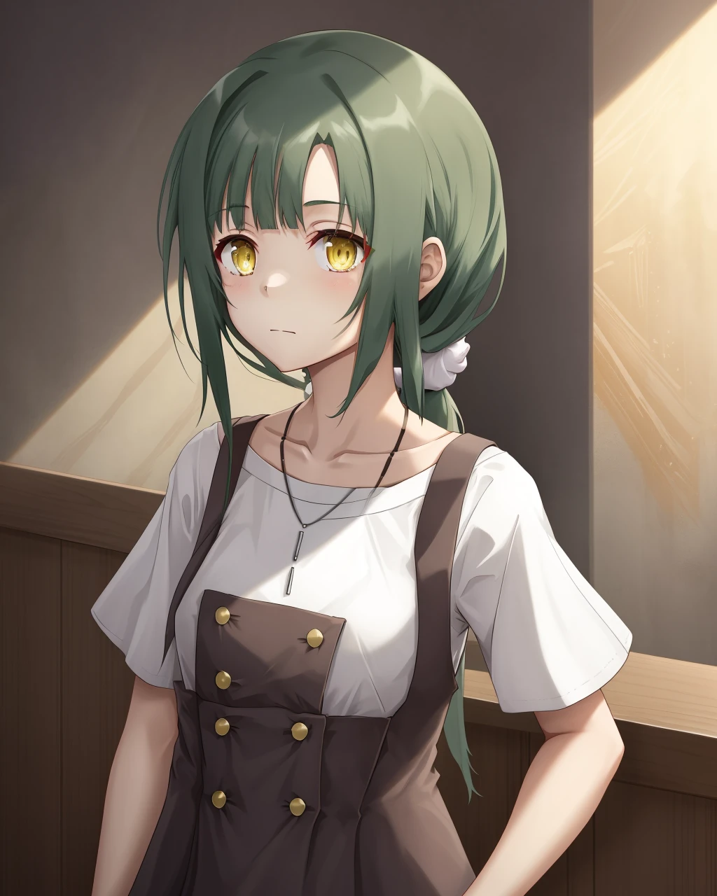 <lora:Yokote_Matsuri-10:0.7>,1girl, solo,low ponytail,dark green hair, very long hair, yellow eyes, white shirt, necklace, pinafore dress,