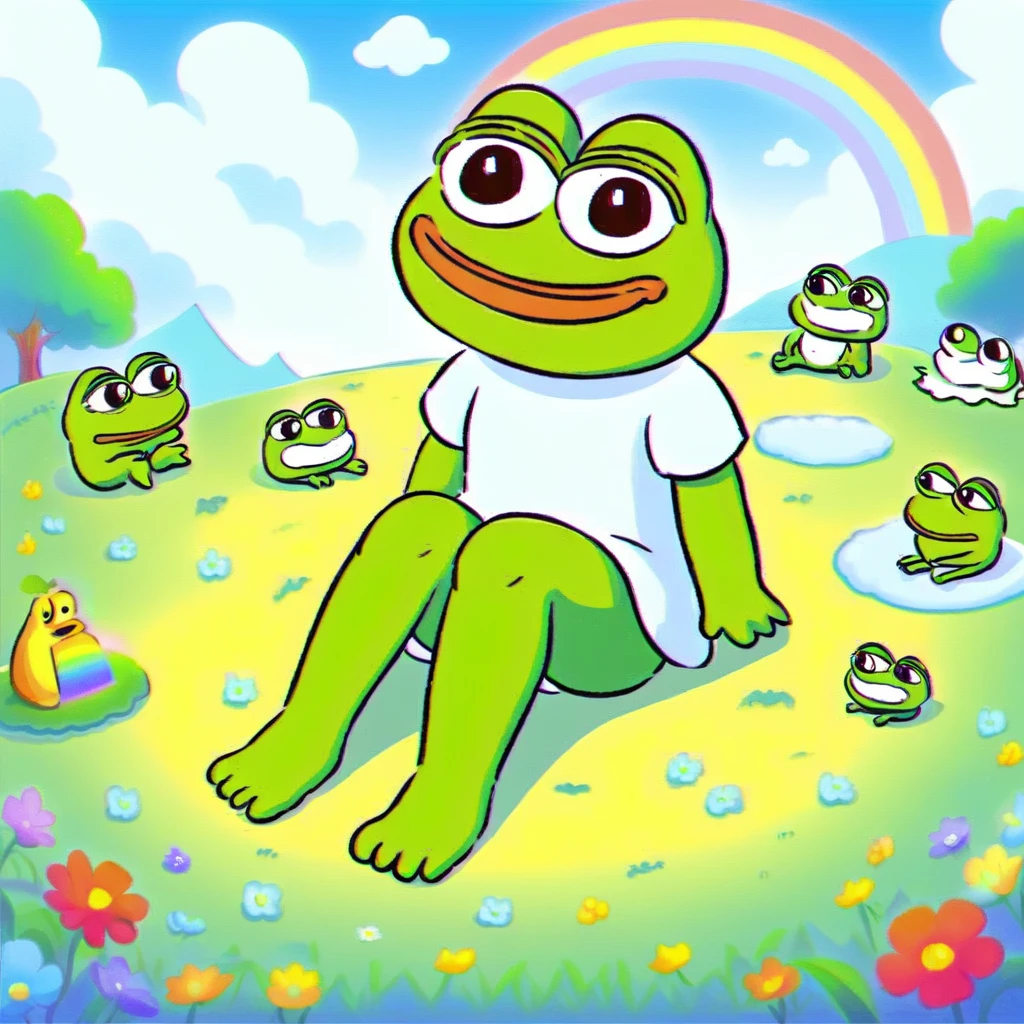 Create an image in a charming cartoon style for children, featuring Pepe the Frog character sitting alone on a grassy patch. The scene should be vibrant and colorful, with Pepe depicted in a friendly and adorable manner, making him appealing to a younger audience. The grass should look soft and inviting, with a few flowers scattered around to enhance the cheerful atmosphere. The background can include a clear blue sky and maybe a hint of a rainbow or fluffy clouds, adding to the whimsical and carefree setting, <lora:pepe-v2:0.8> pepe, <lora:sanrio:0.7>