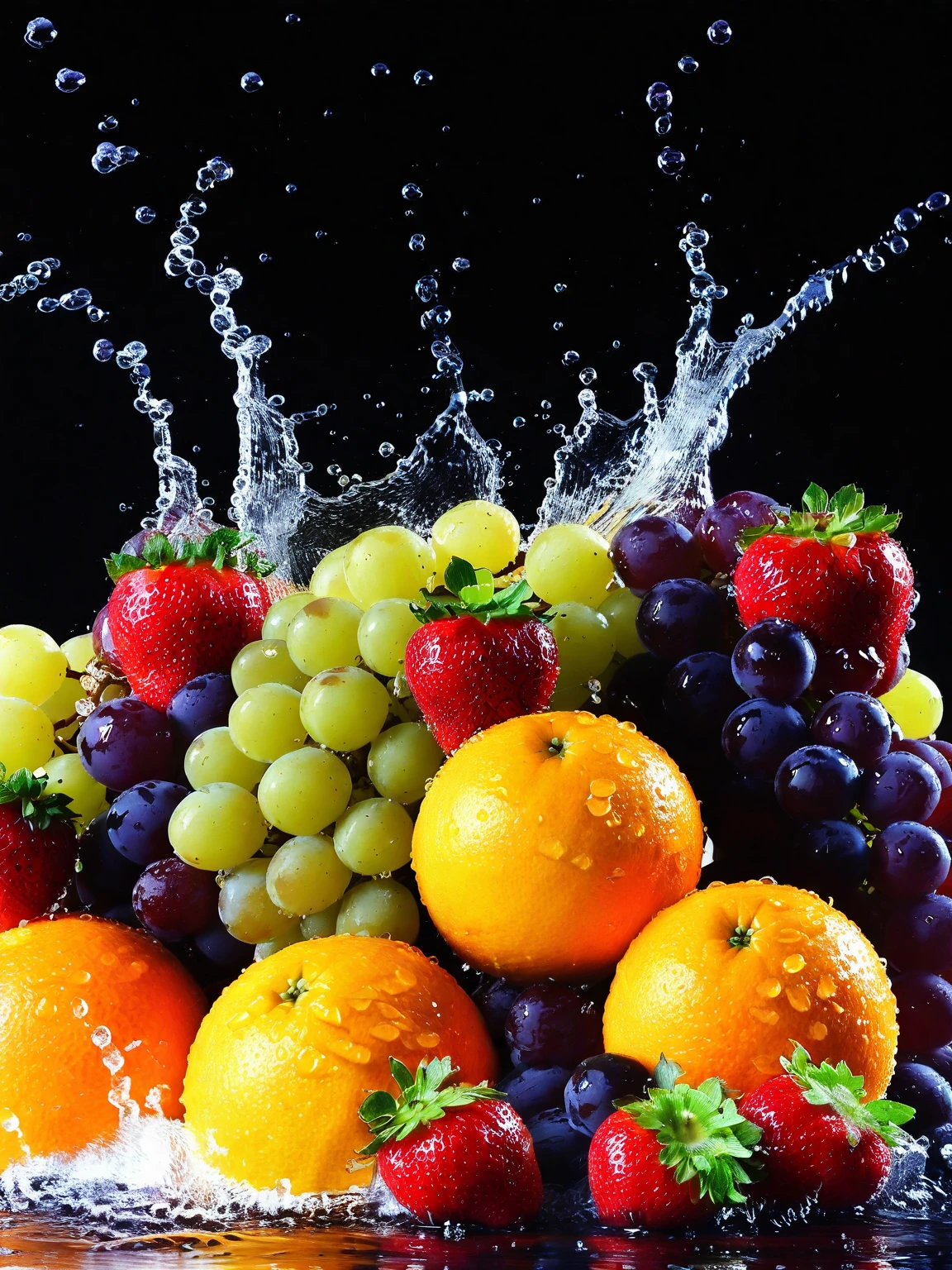 fruit, food, no humans, food focus, water drop, grapes, water, black background, still life, blueberry, strawberry, splashing, simple background, orange (fruit)