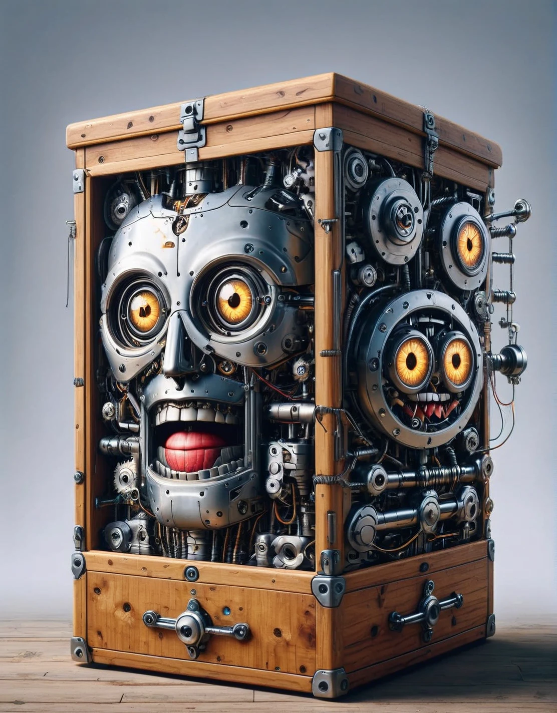 A ais-rbts jack-in-the-box, its mechanical smile stretched wide, ready to surprise. <lora:ais-rbts-sdxl:1>, masterpiece, uhd, 4k