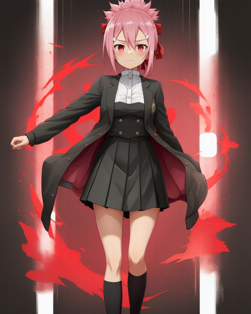 <lora:Akamine_Yuuna-10:0.8>,,1girl, solo, pink hair,hair between eyes, short hair, short ponytail, hair ornament, red eyes,black socks, hairclip, hair ribbon, black dress, jacket, skirt,school uniform,