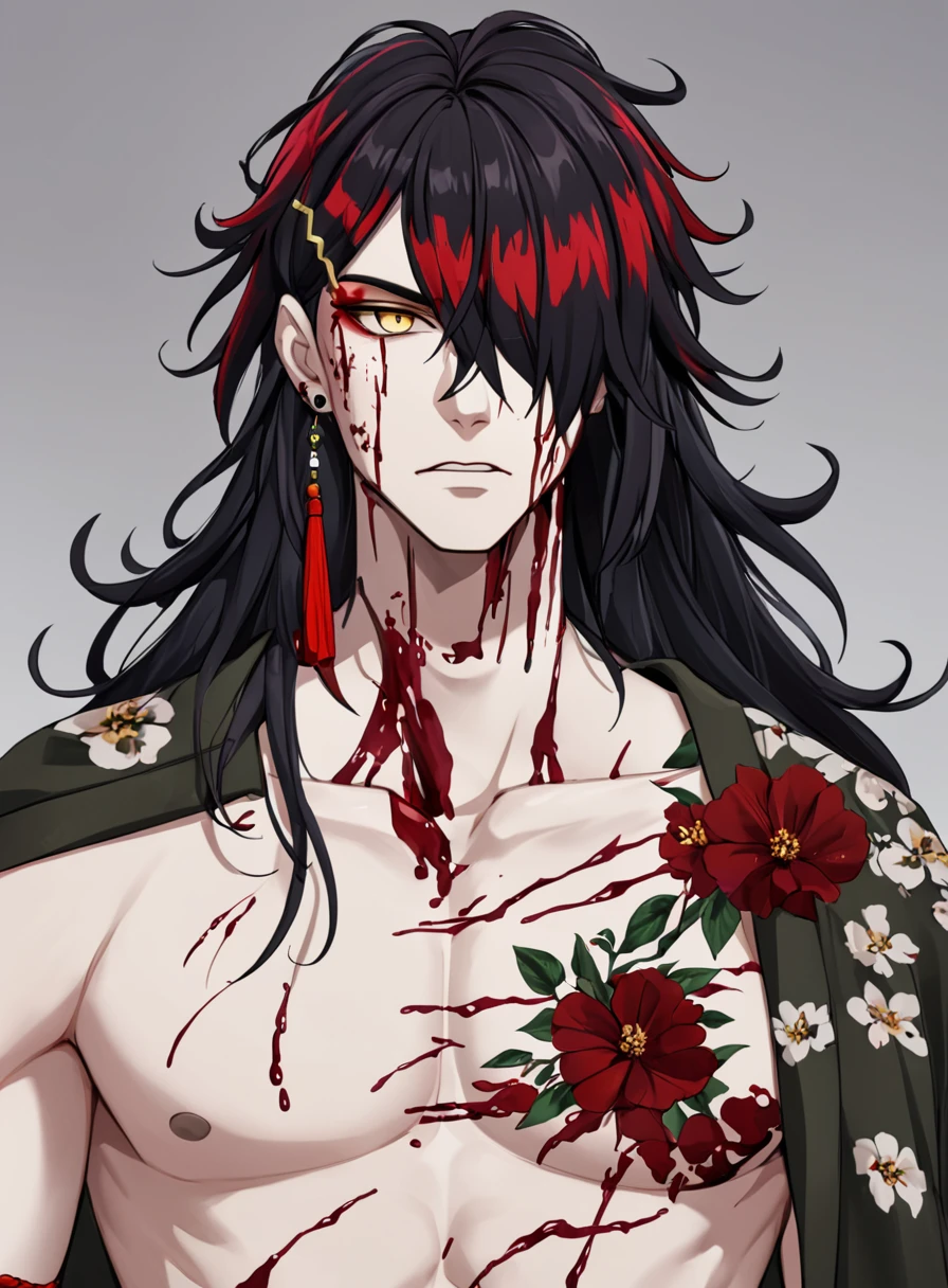 vox in post-apocalypse world,solo,long hair,blood,blood on face,serious,bangs,black hair,yellow eyes,male focus,red hair,multicolored hair,medium hair,hair over one eye,streaked hair,makeup,floral print,eyeshadow,single earring,red eyeshadow,<lora:voxl-000002:1>,