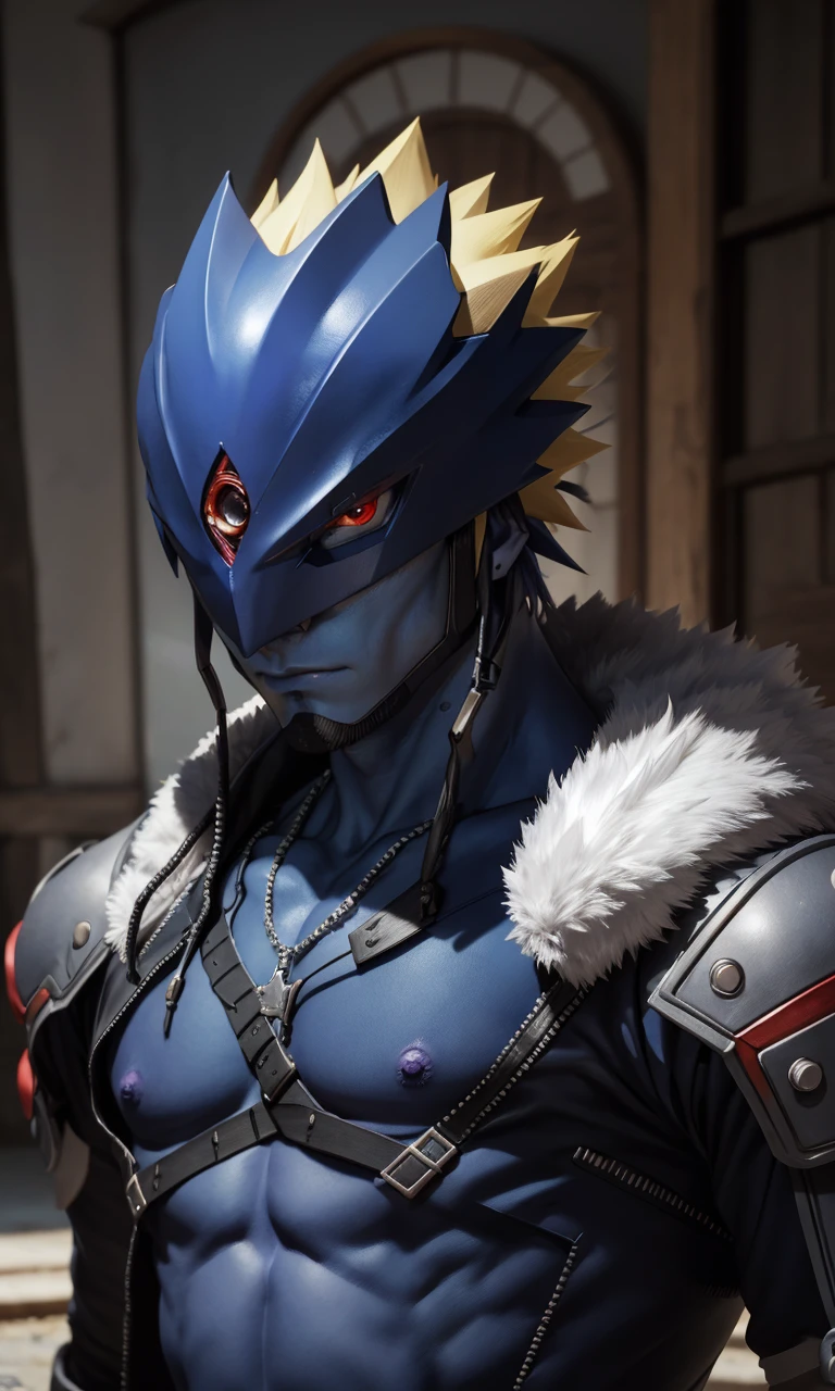 Beelzemon2024, 1boy, blue skin, best quality, masterpiece, depth of field, raw photo, photorealistic, 3 red eyes, Digimon,, cinematic lighting