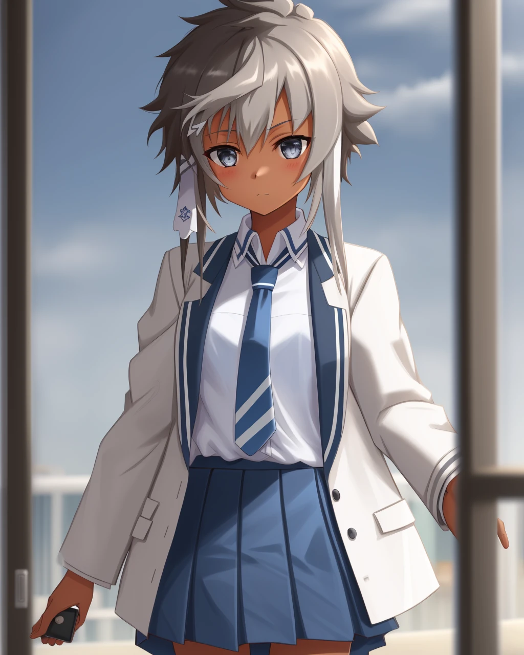 <lora:Kohagura_Natsume-10:0.8>,1girl, solo,short hair, grey eyes,brown hair,short hair with long locks,sidelocks,light dark skin,white hair ribbon,school uniform, white shirt, open jacket, blue skirt, kneehighs, white jacket, blue necktie,